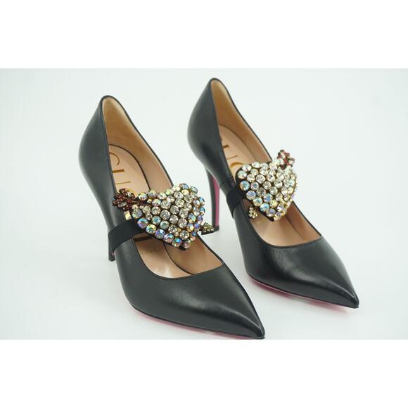 Gucci Black Leather Virginia 95 Crystal Heart Pump Size 38 NIB $1280 Pointy - Picture 4 of 12